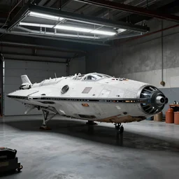 space ship in the style of Denis Villeneuve, studio lighting, garage storage