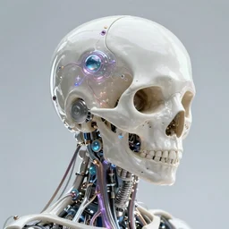 ai biomech, ethereal ultralight skull i robot mechanism, quantum physics, angelic and unsettling, wires, veins, ferrofluid, bismuth, style blend of hideo kojima, shepard fairey, and botticelli, city backdrop is a blend of the vatican, neo - andean architecture and brutalism, 4 k photorealistic, ultra fine inklines