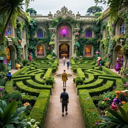 exquisite exotic museum and manicured labyrinth gardens, highly detailed, cinematic, synthwave, tim white, vladimir kush, chris foss, roger dean, philippe druillet, michael whelan, lisa frank, bob eggleton, alfred kelsner, kubrick