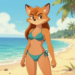 female anthropomorphic coyote character in a tasteful bikini at the beach. Renowned character illustration by greg rutkowski, thomas kindkade, alphonse mucha, loish, norman rockwell. Trending on artstation.