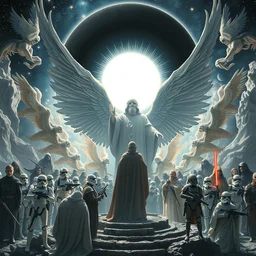 highly detailed, intricate stunningly beautiful religious image of star wars characters, angels, storm troopers, giant god, huge black glowing sun by roger dean, shaun tan, peter mohrbacher and andrei riabovitchev