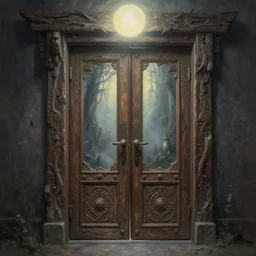 large rustic intricately decorated wood door, a view to an eerie fantasy world, glowing sphere, ethereal back light, mist, coherent composition, detailed fantasy painting by artgerm, noriyoshi ohrai, yuumei