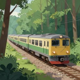 a painting of a train traveling through a forest, a storybook illustration by goro fujita, deviantart, american scene painting, matte drawing, 2 d game art, speedpainting
