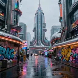 retro-futuristic city realistic grafitti utopia photorealism rain reflection cyber ,8k