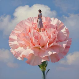 giant carnation flower head, woman standing, surreal, clouds in sky, impressionist painting, digital painting, artstation, rob gonsalves