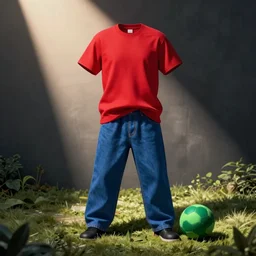 a! red shirt!,! blue trousers!, a! green ball!