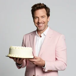 bob odenkirk, grinning, wearing a light - pink suit, holding a birthday cake, lit candles, 3 7 balloons in the background, studio photograph, cinematic lighting, symmetrical face