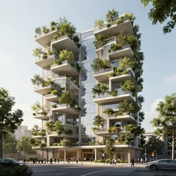 parametric building designed by stefano boeri with trees on balconies and people walking, cinematic, ray traced, octane render, cinematic lighting, vfx film, ultrarealistic, featured on artstation, 8 k