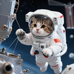 a cute kitty cat in an astronaut costume doing space walk on the iss to repair a loose bolt, 4 k, 8 k, photorealistic, sharp