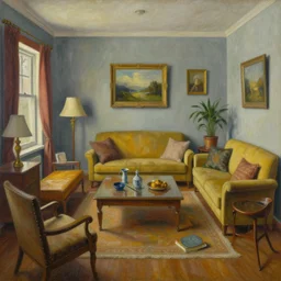 a painting of a living room filled with furniture, a surrealist painting by jacek yerka, cgsociety, fantastic realism, maximalist, surrealist, detailed painting