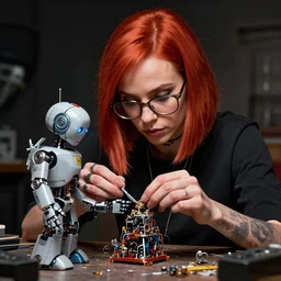 an insanely detailed portrait of zoe kravitz repairing a broken robot, she has straight short red hair, she is wearing glasses, in the style of peter mohrbacher, artgerm, dramatic lighting and composition, octane render, trending on artstation, concept art
