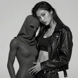 Hot young woman, grey skin, wearing leather jacket while cuddling a humanoid in shroud and mask to her stomach concept art