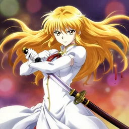 art anime brave elf girl with white skin, katana in hand, golden hair blowing the wind, trending artistic art, dynamic photography, centered, fate zero, detailed face, extremely high detailed, bokeh color background, studio ghibly makoto shinkai yuji yamaguchi, wlop