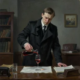dark oil realistic painting a boss in a black trench coat behind a desk pours a glass of wine in gloomy soviet office, oppressive atmosphere