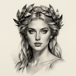 tattoo sketch of beautiful model as aphrodite greek goddess wearing a laurel wreath and arrowhead earrings, hyper - realistic, beautiful piercing eyes, small and sharp pupils, sexy look, beautiful blonde hair, in the style of matteo pasqualin, amazing detail, fantasy, elegant, smooth, sharp