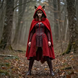 full body photo of red riding hood as a werewolf hunter