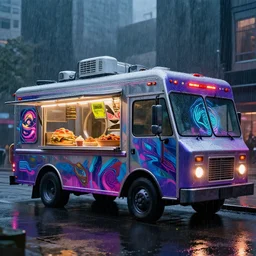 a cyberpunk food truck in the rain, selling futuristic food, digital art, mad max
