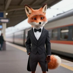 anthropomorphic furry fox wearing a tuxedo stands on a train station ,detailed, Artstation