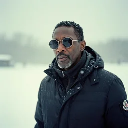 photo, 1 0 0 year old black man wandering in the snow, moncler jacket, circular sunglasses, close up portrait, cold color temperature, snow storm. hazy atmosphere. humidity haze. kodak ektachrome, greenish expired film, award winning, low contrast