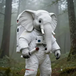 giant astronaut elephant in white spacesuit as astronaut in the woods, foggy mood, overcast bokeh - c 8