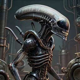 highly detailed, industrial photography, profile view of adult xenomorph, long straight bangs, confident, illustration concept art by mark ryden, lostfish, detailed and intricate environment, 8 k resolution, hyperrealistic, octane render