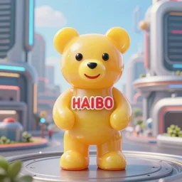 portrait of haribo bear in future city, color and shape focus, central composition, natural light