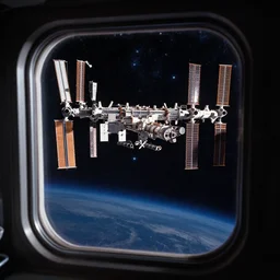 looking out of the window of a massive space station at the stars