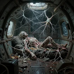poster style, a beautiful and terrifying painting with high details of a inside the shattered cabin, neurons and large cobwebs fill the interior of the ship and wrap the battered dormant cabin ， movie atmosphere, movie lights, 8 k, light effect, rtx on, trending on artstation, by kilian eng, lee madgwick, bastien lecouffe - deharme