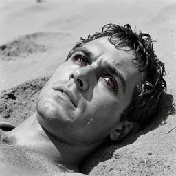 1 9 6 0 s movie still close up of marcus atilius regulus eyelids riped off bloody eyes looking directly at the sun his body buried in the sand, cinestill 8 0 0 t 3 5 mm b & w, high quality, heavy grain, high detail, texture, dramatic light, anamorphic, hyperrealistic, detailed hair