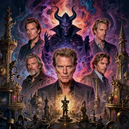 highly detailed mix of willem dafoe, christopher walken, michael emerson, evil wizard, intricate colorful cosmic smoke magic, baroque victorian steampunk city vista, artstation, tyle of artgerm, s, andreas rocha, hiroshi nagai, dan mcphalin, ian mcque