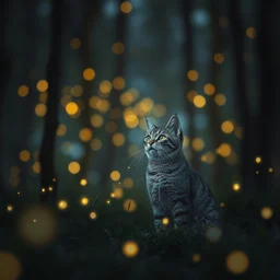 a cat in a forest at night with fireflies, trending on artstation, night lighting, fanart, bokeh, dreamy
