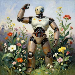 curvaceous robot surrounded by growing flowers, spring, style of by Frank Frazetta