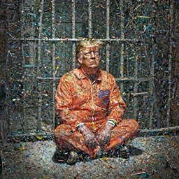 a portrait of Donald trump sitting on the floor of a filthy jail cell lit by spotlight, dimly lit, wearing a orange jumpsuit in jail by craig mullins and norman rockwell, octane, 35mm photo,