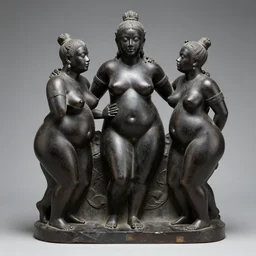 onyx sculpture of 3 beautiful sensual obese black deities touching together, museum artifact