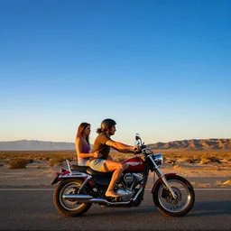 hd wallpaper, romantic couple ride on motorbike, road california desert, sunset, blue sky, award winning photo