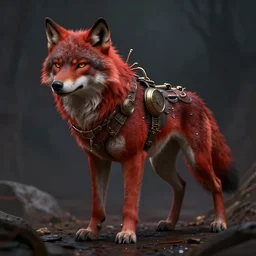 furry red wolf, dieselpunk, fantasy, light, artstation, high detal, dramatic