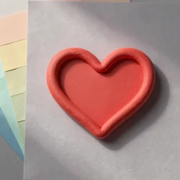 3d render of a red clay heart shape in the middle of a gray sheet of paper, range of pastel colors on the left side