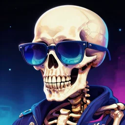 skeleton with cool glasses in vaporwave art