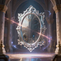 castle interior with a magical mirror with silver frames floating around while shooting magic, digital art