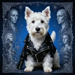 a white terrier dog in a black leather biker jacket portrait by lee jeffries, in the style of beksinski, intricate composition, white by caravaggio, highly quality, highly detailed, masterpiece, blue light, artstation