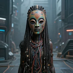 hyper realistic wide shot portrait of solape - an intricately detailed african masked cyborg with lots of thick long braids and electrical cables standing in the middle of a broad cyberpunk background, perfect face, fine details, colorful patterns, studio lighting, subtle shadows, art by tim okamura and karol bak, canon eos r 3, f / 1. 4, iso 2 0 0, 1 / 1 6 0 s, 8 k, raw, unedited, in - frame