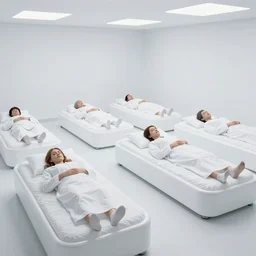 a wide shot of peole sleeping inside an all-white room of cryogenic sleep chambers with glass covers by Ridley Scott, Alien movie, grainy, bluish and cream tones