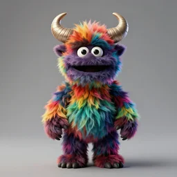 a studio photograph of a multicolored furry monster with fuzzy horns, a character portrait by jim henson, behance contest winner, behance hd, vibrant, dark rainbow colored fur, colorful, centered, matte background