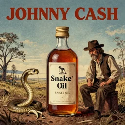 album cover for the Johnny Cash and Snake Oil colab record. Snake oil, quackery, folk medicine, scamming, beautiful album cover with no text, album art by Greg Hildebrand, snake oil