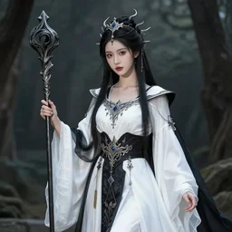 professional photograph of a real - life beautiful elemental space witch with ornate white and black robes and staff. extremely detailed. 8 k