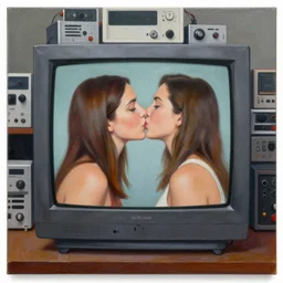 two women kissing in a crt television screen in a room full of analog video equipment, acrylic painting
