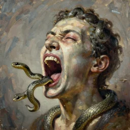 A disembodied head screaming with snakes slithering out of its mouth, oil painting, surrealism style