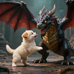 a tiny puppy fighting a dragon, dramatic lighting, cinematic, establishing shot, extremely high detail, foto realistic, cinematic lighting, post processed, concept art, high details, cinematic, 8k resolution, beautiful detailed, photorealistic, digital painting, artstation, concept art, smooth, sharp focus, artstation trending, octane render, unreal engine