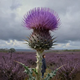 closeup, enormous thistle flower head, a girl wearing coat in heather field, surreal photography, wind and cold, dramatic sky, impressionist painting, digital painting, artstation, simon stalenhag