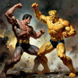 a fight between mr. fantastic and plastic man, limbs entangled, distorted, epic lighting, alex ross, frank frazetta, fantasy, highly detailed, artstation